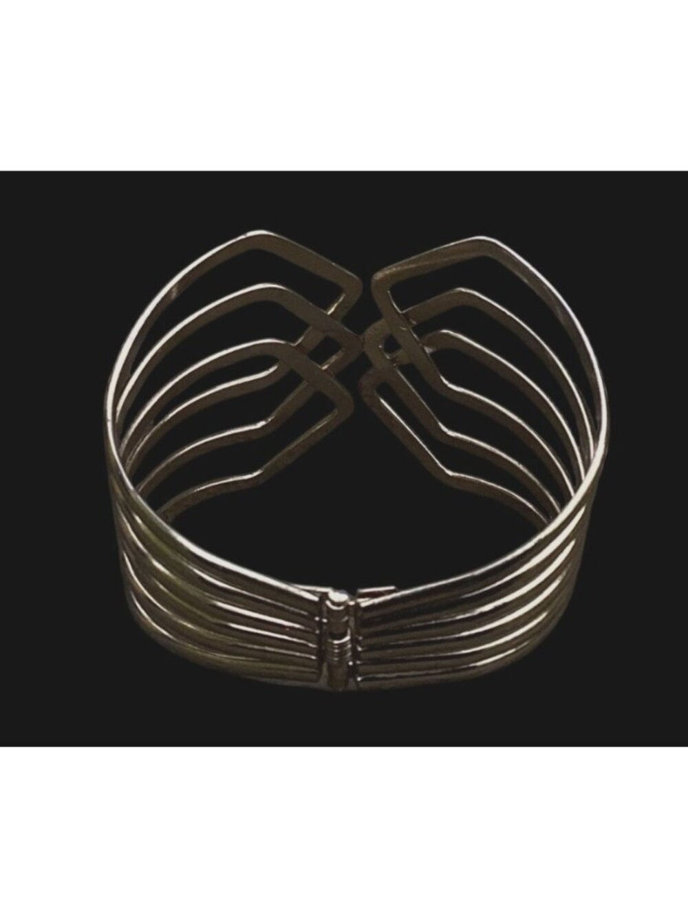 Vintage Gold Tone Geometric Openwork Hinged Clamper Bracelet - Picture 4 of 6